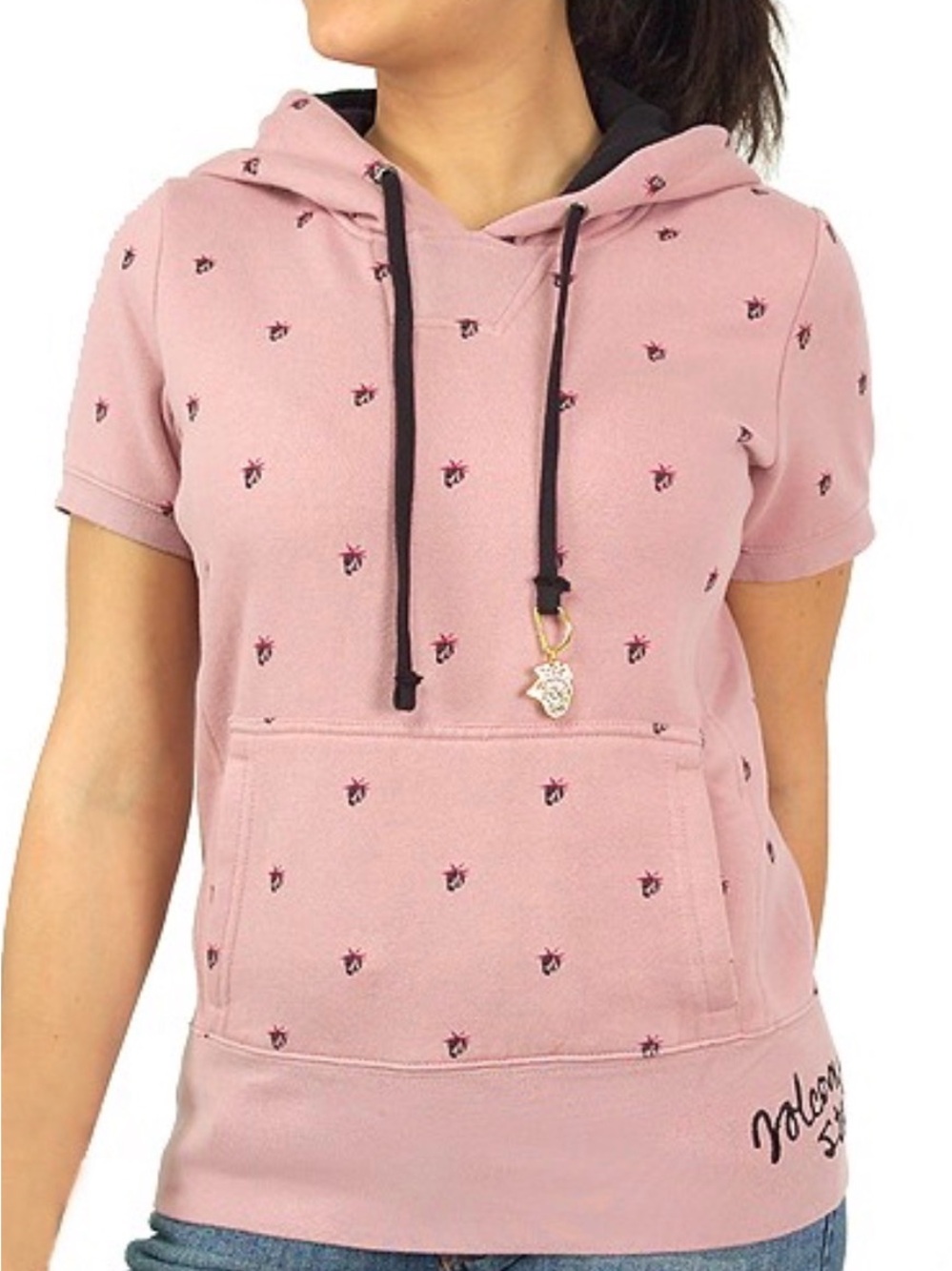 Volcom Pink Short Sleeve Hoodie Women’s Size Medium Strawberry AOP